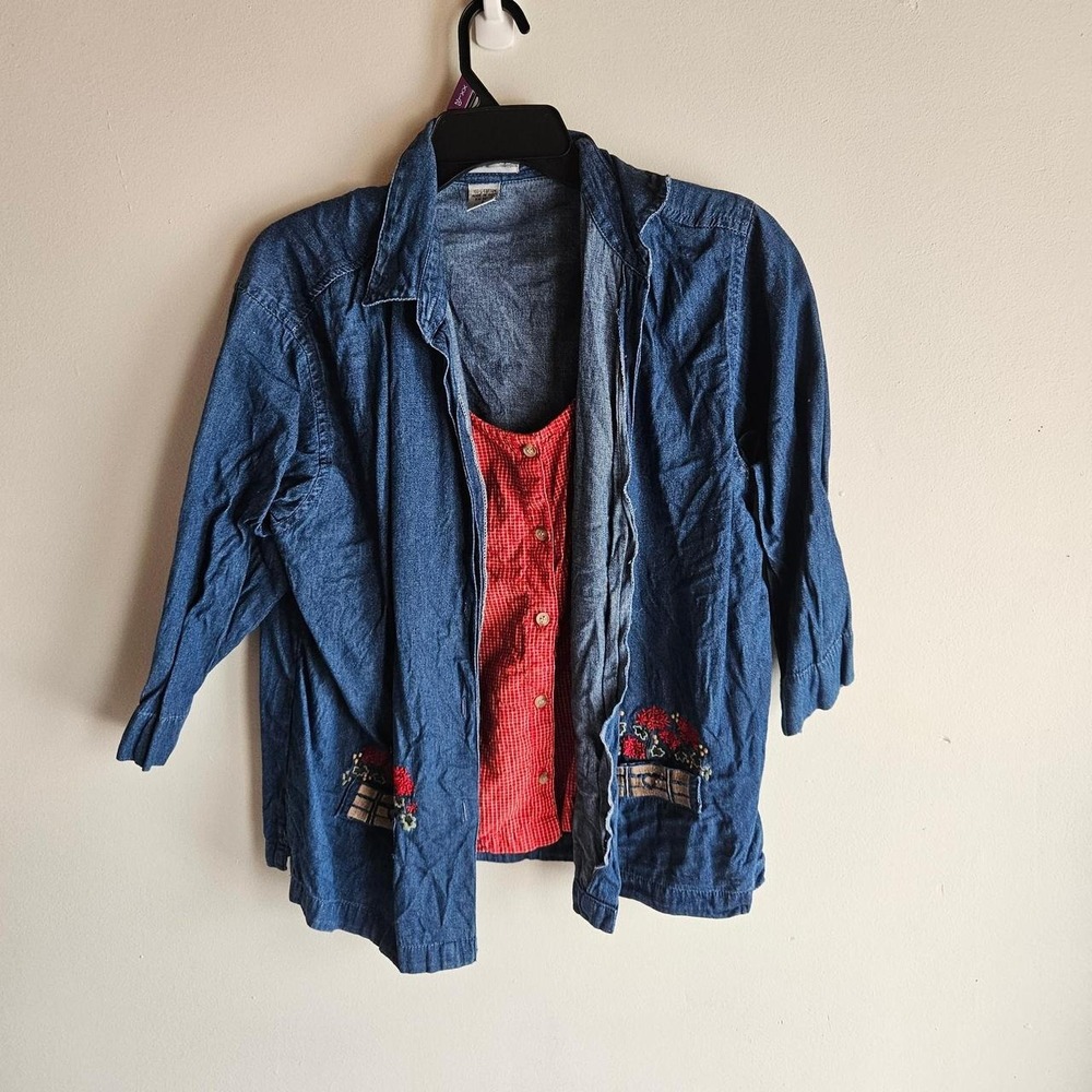 Vintage Dressbarn Embroidered Faux-Layer Denim Shacket